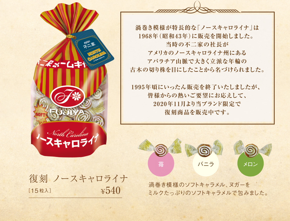 渦巻き模様が特長的な「ノースキャロライナ」は1968年（昭和43年）に販売を開始しました。 当時の不二家の社長がアメリカのノースキャロライナ州にあるアパラチア山脈で大きく立派な年輪の古木の切り株を目にしたことから名づけられました。1995年頃にいったん販売を終了いたしましたが、 皆様からの熱いご要望にお応えして、2020年11月より当ブランド限定で復刻商品を販売中です。　苺　バニラ　メロン　渦巻き模様のソフトキャラメル、ヌガーをミルクたっぷりのソフトキャラメルで包みました。　復刻 ノースキャロライナ［15粒入］ ￥540